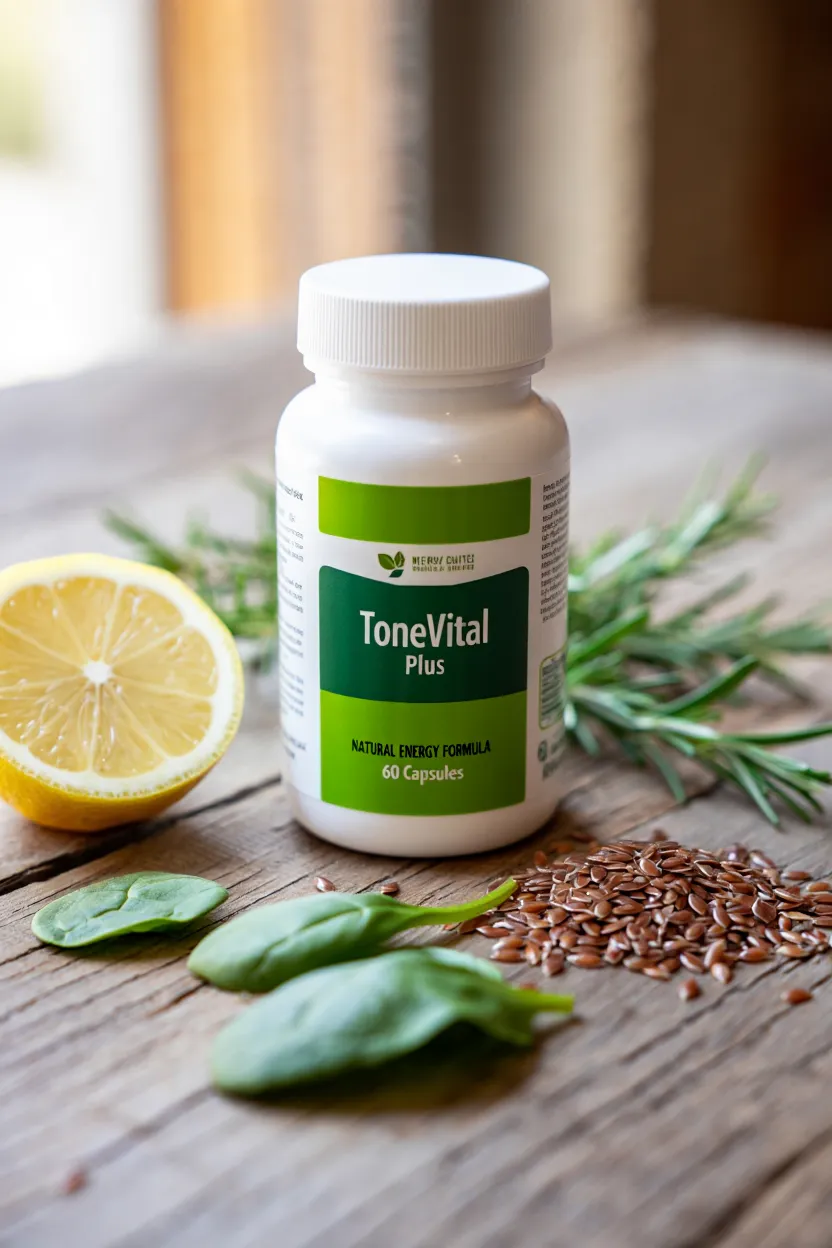 ToneVital Plus supplement bottle with natural ingredients displayed on wooden surface